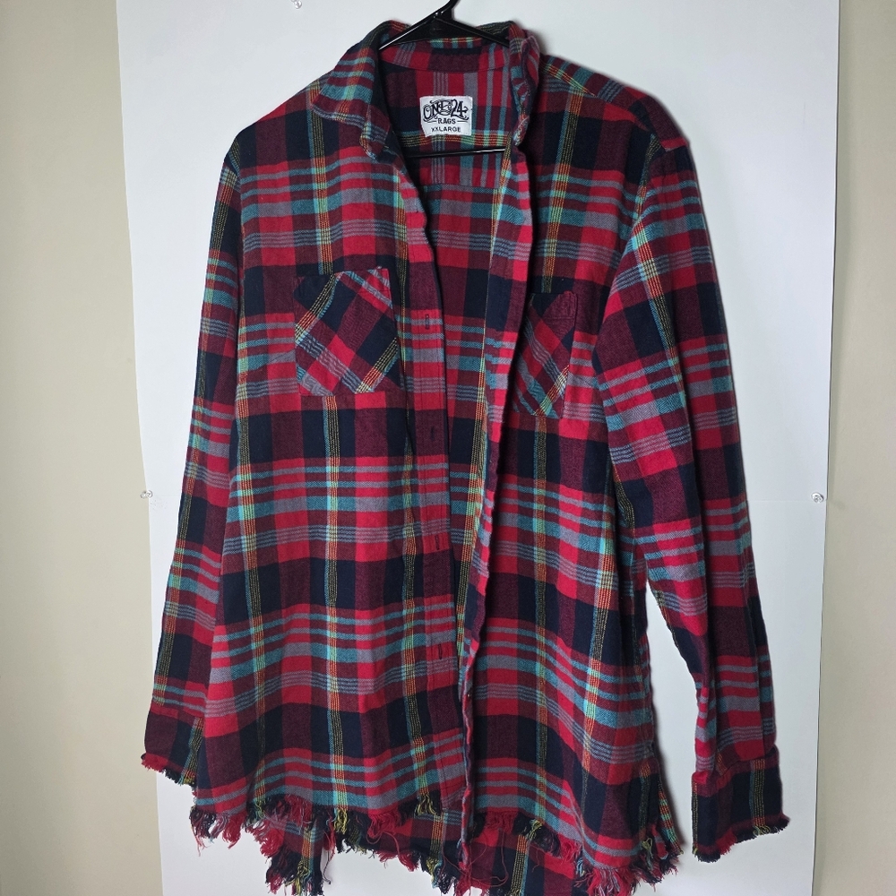 One 24 Rags Red Plaid Longsleeve Button Up Shirt Top Fringe XXL